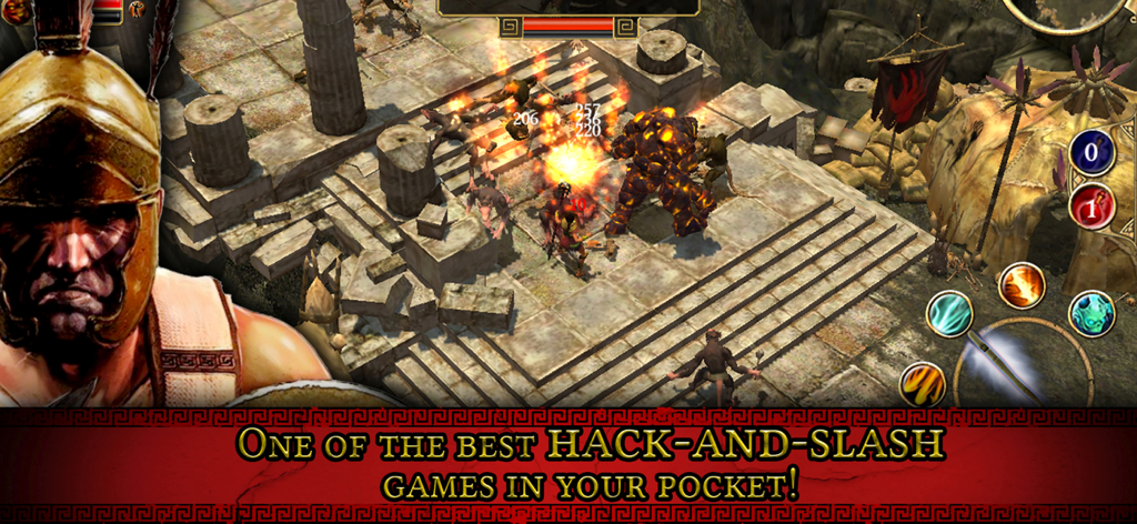 타이탄 퀘스트 HD의 액션 RPG 전투, 영웅이 몬스터와 거대한 화염 골렘과 고대 석조 플랫폼 위에서 싸우는 모습