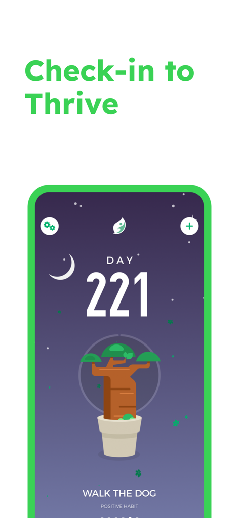 SEEDS - Habit Tracker - A screenshot of the SEEDS habit tracker app displaying a 221 day streak for walking the dog with a stylized tree illustration.