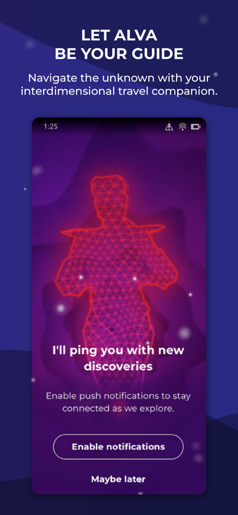 Schermata dell'app Meow Wolf che presenta Alva, la guida, e chiede di abilitare le notifiche push per le nuove scoperte.