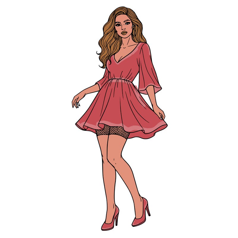 girl in a short dress with high heels and earing with wavy long hair and big lips and pant hose