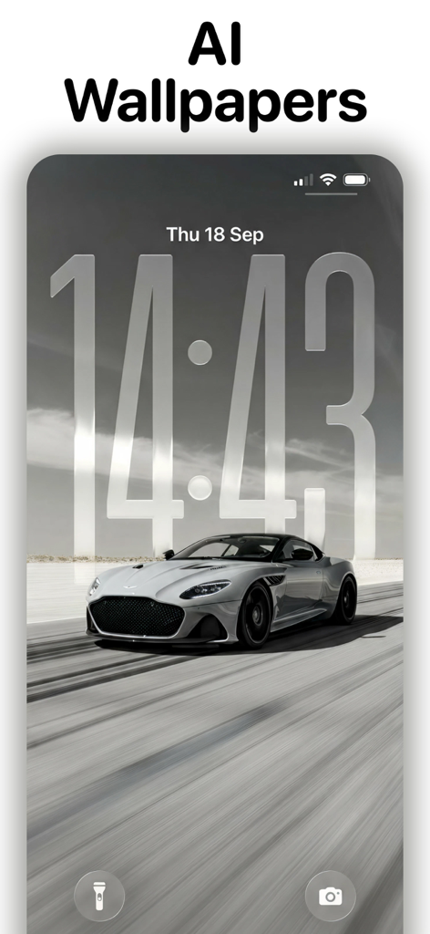 WallHub - Live Wallpapers - Pantalla de bloqueo de iPhone que muestra un fondo de pantalla generado por IA de un coche deportivo plateado con un gran reloj digital personalizado.