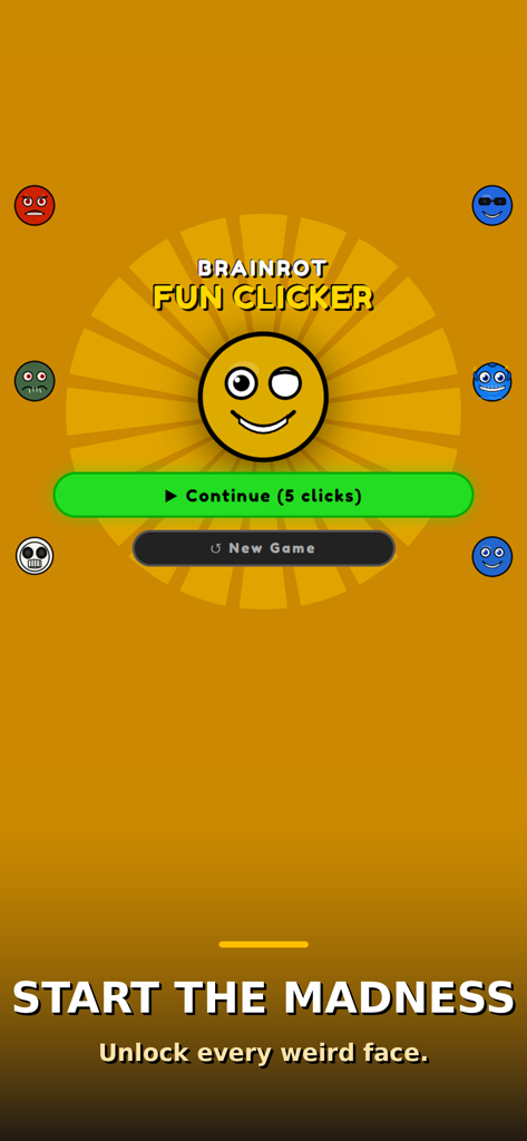 Pantalla principal de Brainrot Fun Clicker con una cara sonriente amarilla y botones de inicio del juego