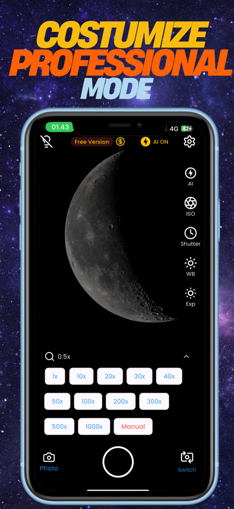 Galaxy Camera Ai : 1000x Zoom - Galaxy Camera Ai professional mode interface showing manual settings and 1000x zoom options for moon photography