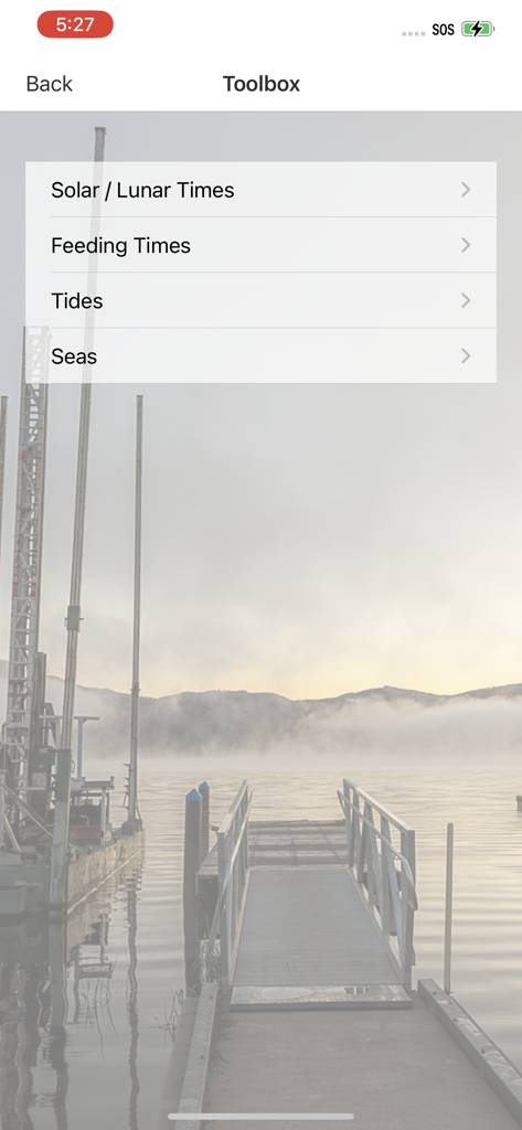 Go Outdoors GA - Toolbox menu in the Go Outdoors GA app showing options for solar lunar times feeding times tides and seas