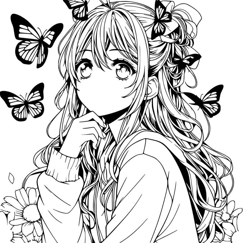 realistic manga girl with butterflies