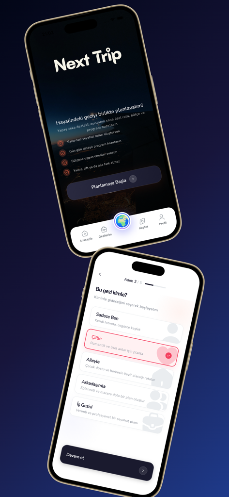 Next Trip: AI Trip Planner - Dos pantallas de teléfono móvil que muestran la interfaz del planificador de viajes con IA de Next Trip para crear itinerarios y seleccionar compañeros de viaje.