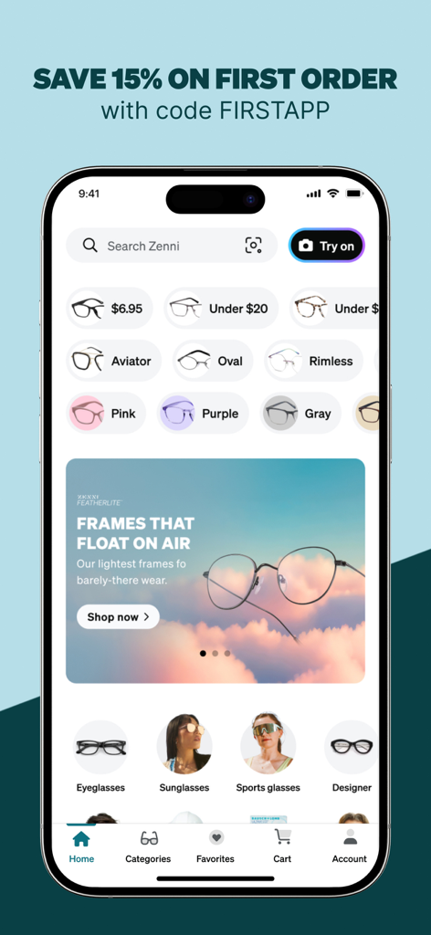 Zenni Mobile App Startbildschirm mit Brillen-Kategorien und einem Rabatt von 15 Prozent für Erstbestellungen.