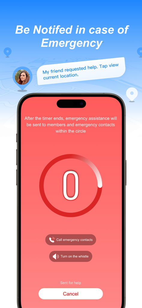 긴급 경고 알림 및 SOS 지원 옵션을 보여주는 Family Tracker 앱 인터페이스