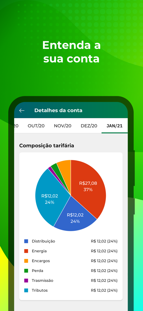 Cemig Atende app showing a pie chart breakdown of energy bill costs
