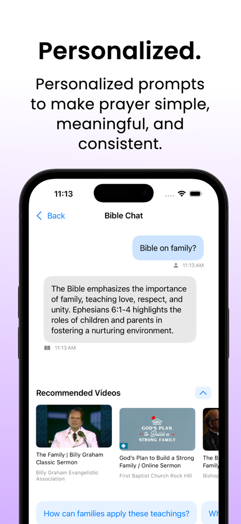 Genesis: Bible Chat - Interface do Gênesis: Bíblia Chat mostrando uma conversa de IA sobre família e vídeos de sermões recomendados.