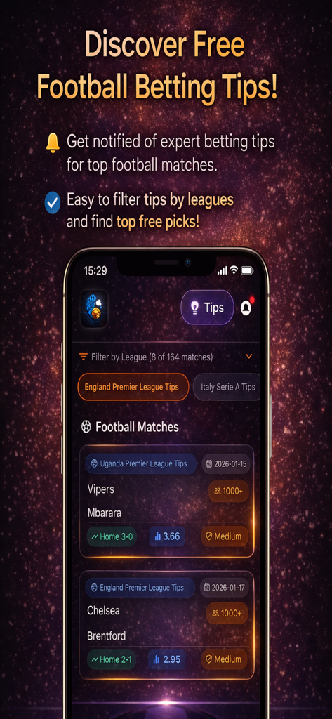 Daily Football Predictions Ai - Pantalla de la aplicación móvil que muestra consejos diarios de fútbol y predicciones de IA para partidos de la Premier League.