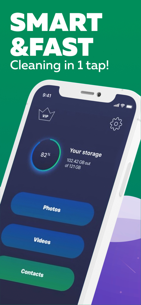 Smart Cleaning to Boost Mobile - スマートクリーニングアプリのスマートフォンのインターフェースに、ストレージ使用率のパーセンテージと、写真、動画、連絡先の管理ボタンが表示されています