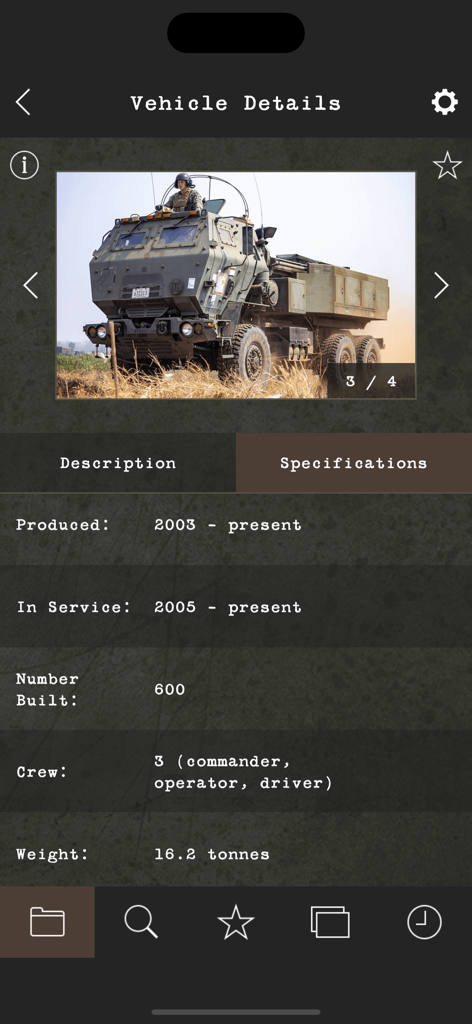 Specification screen of the Modern Military Vehicles app featuring a rocket launcher vehicle.