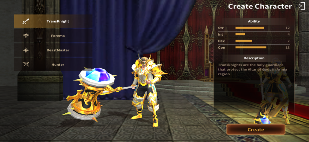 WYD M - Character creation screen in WYD M showing the TransKnight class in golden armor
