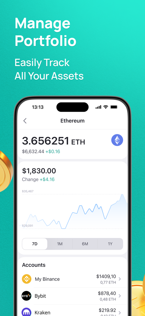 3Commas: Crypto Trading Tools - Cruscotto mobile dell'app 3Commas che mostra le partecipazioni in Ethereum e gli account exchange integrati per il monitoraggio del portafoglio
