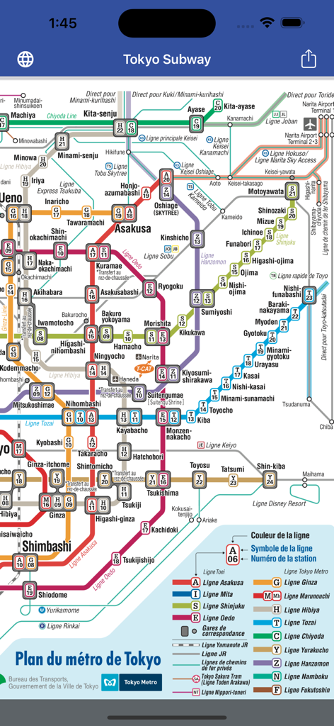 Tokyo Subway Map OFFLINE - Un mapa detallado codificado por colores del sistema de metro de Tokio mostrado dentro de la aplicación de navegación sin conexión.