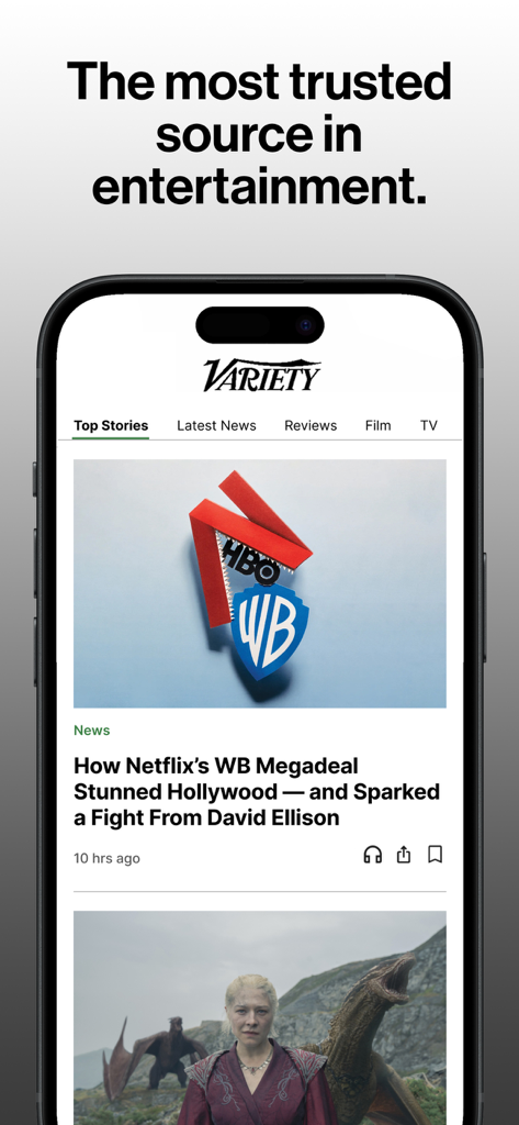 Variety mobile app interface showing top stories and entertainment business news headlines