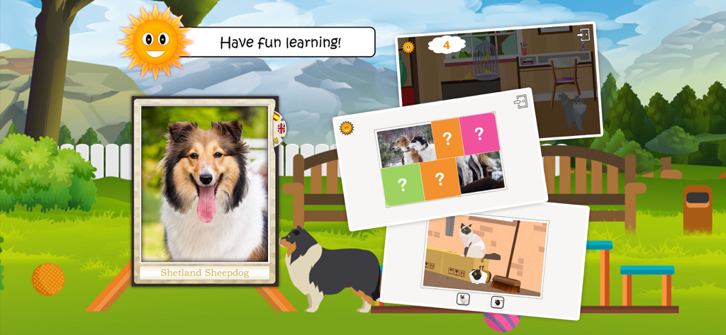Screenshot dell'app educativa My Pets For Kid che mostra schede di apprendimento sugli animali e giochi interattivi per bambini