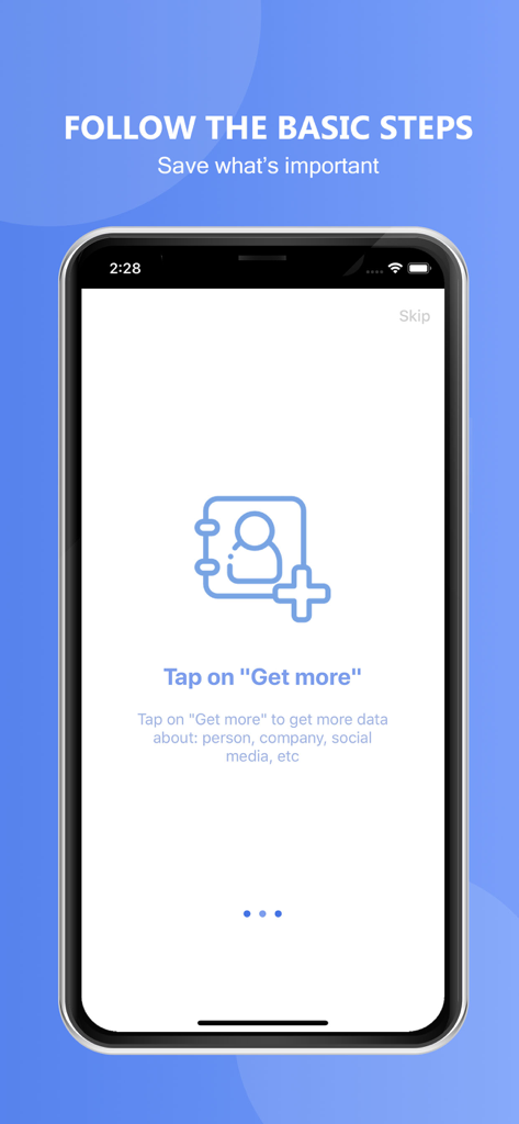 Onboarding screen of the Pipedrive CRM BizCard Scanner app showing instructions to get more data about contacts and companies