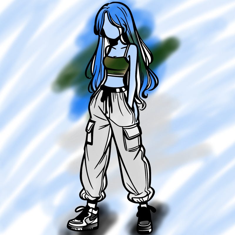 girl in baggy pants crop top and long hair