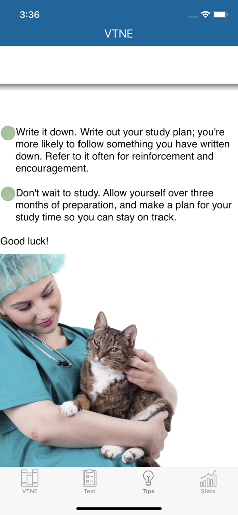 VTNE app screen with study tips and a photo of a vet technician with a cat