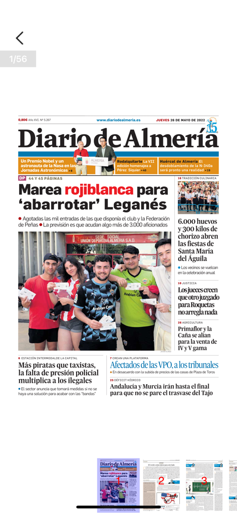 Diario de Almería - Digital front page of the Diario de Almeria news app showing local news and sports updates