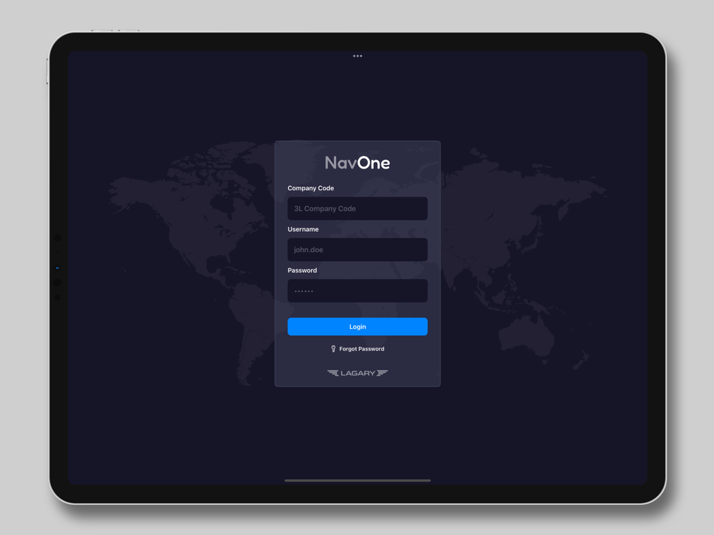 NavOne aviation app login screen on iPad