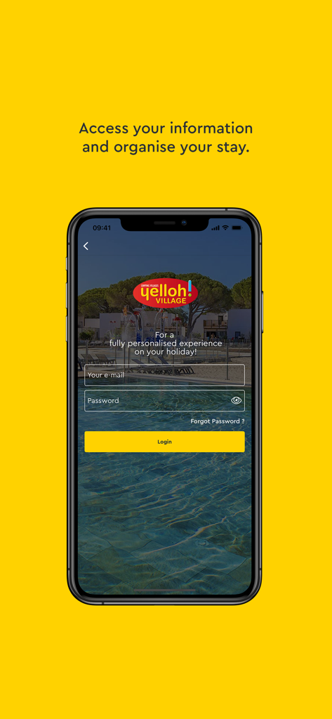 Yelloh! Village Camping - Pantalla de inicio de sesión de la aplicación Yelloh Village Camping con un fondo de piscina de camping