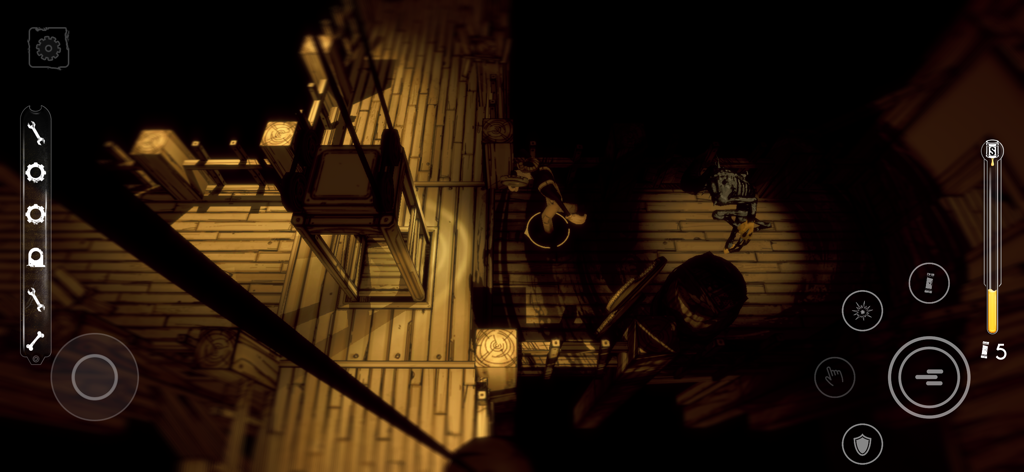 Bendy: Lone Wolf - Top-Down-Survival-Gameplay in Bendy Lone Wolf mit Boris dem Wolf in einem dunklen Holzstudio.