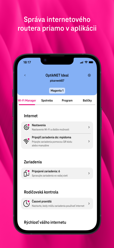 Telekom - Interfaz de la aplicación Slovak Telekom que muestra la configuración del gestor de Wi-Fi y controles parentales en un smartphone.
