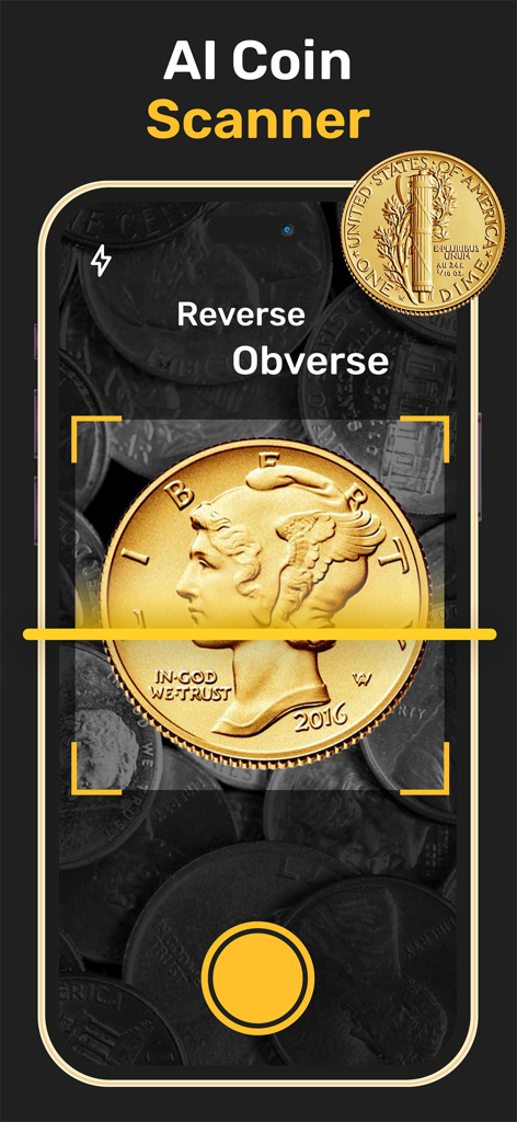 AI Coin Identifier app interface scanning a gold coin for value and identification