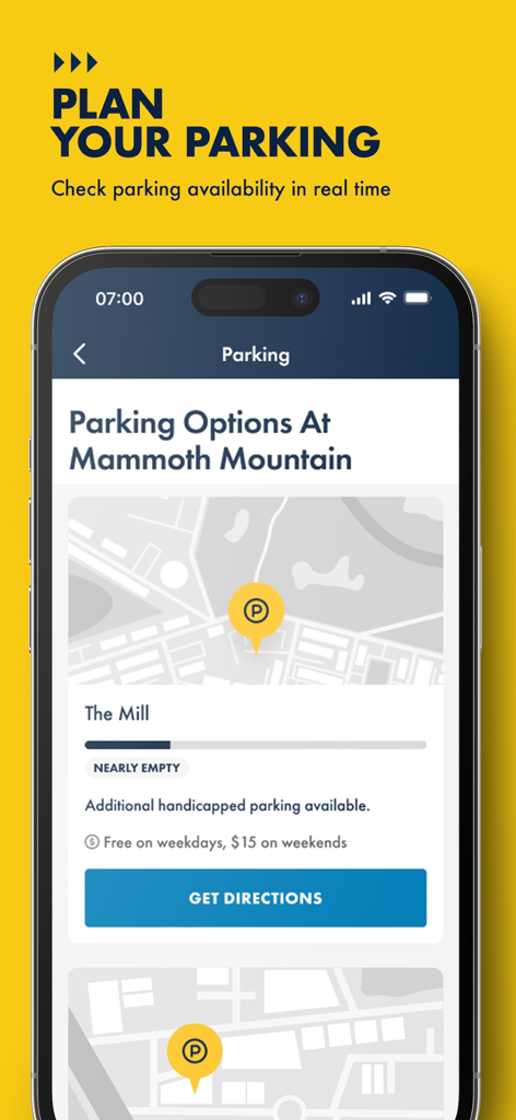 Ikon Pass - Ikon Pass app interface showing real-time parking availability and pricing for Mammoth Mountain