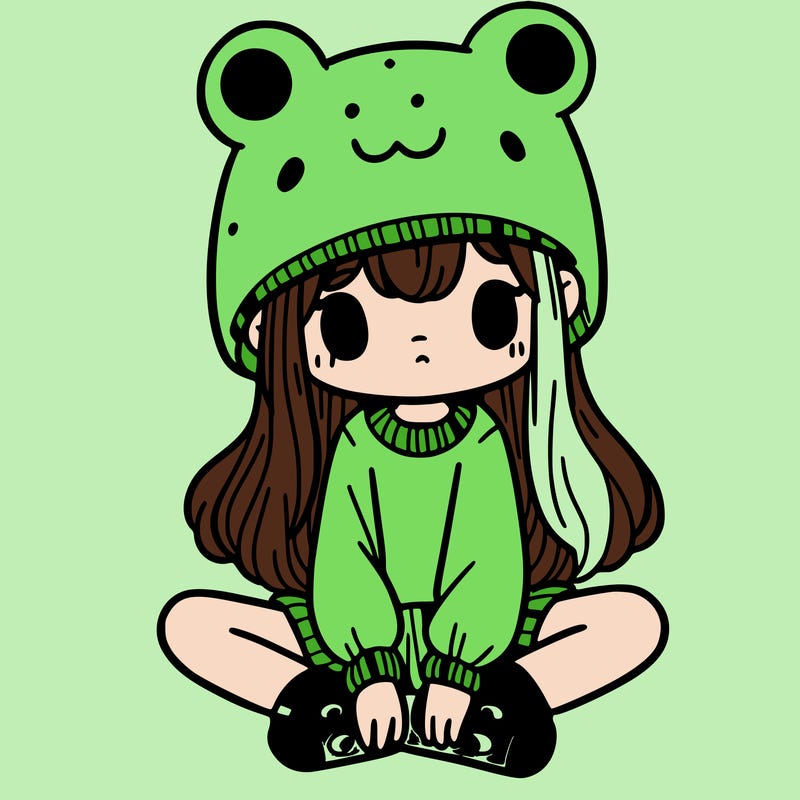 a girl wearing a frog hat and some frog socks