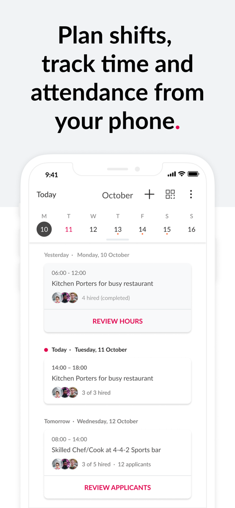 Mobile app interface for planning shifts and tracking employee attendance on a calendar view