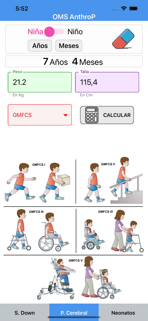 AnthroPed - AnthroPed app interface for calculating growth metrics for children with Cerebral Palsy using GMFCS level illustrations
