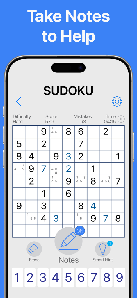 Sudoku No Ads - 어려운 퍼즐 그리드를 푸는 데 메모 기능이 활성화된 Sudoku No Ads 게임을 보여주는 모바일 화면