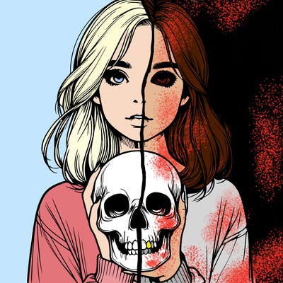 realistic girl holding a skull