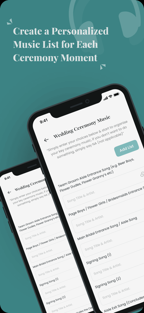 My Wedding Music. - Pantalla de la aplicación mostrando plantillas de lista de música personalizadas para momentos de la ceremonia de boda