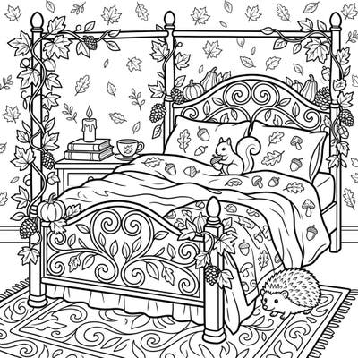 Immerse yourself in the comforting embrace of autumn with this intricately designed bed frame coloring page. Discover delightful details like falling leaves, pumpkins, and charming woodland creatures, all ready for your creative touch.