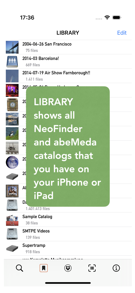 NeoFinder - NeoFinder library interface displaying various digital asset catalogs