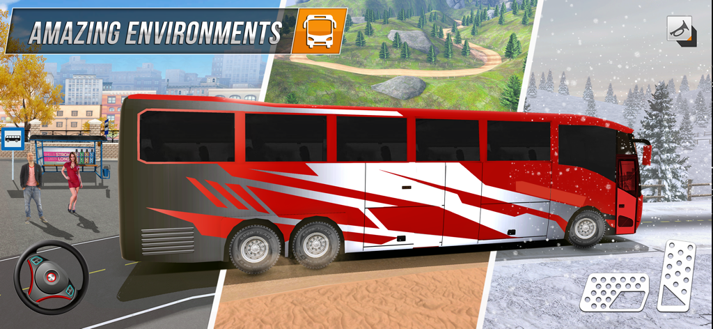 Bus Games : Driving Master 3D - Red bus shown in different 3D game environments like city streets and snowy mountains