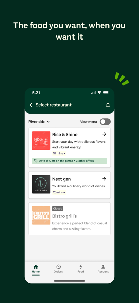 Time2Eat by Compass Digital - Time2Eat app interface showing a list of office restaurants with wait times and promotional offers.