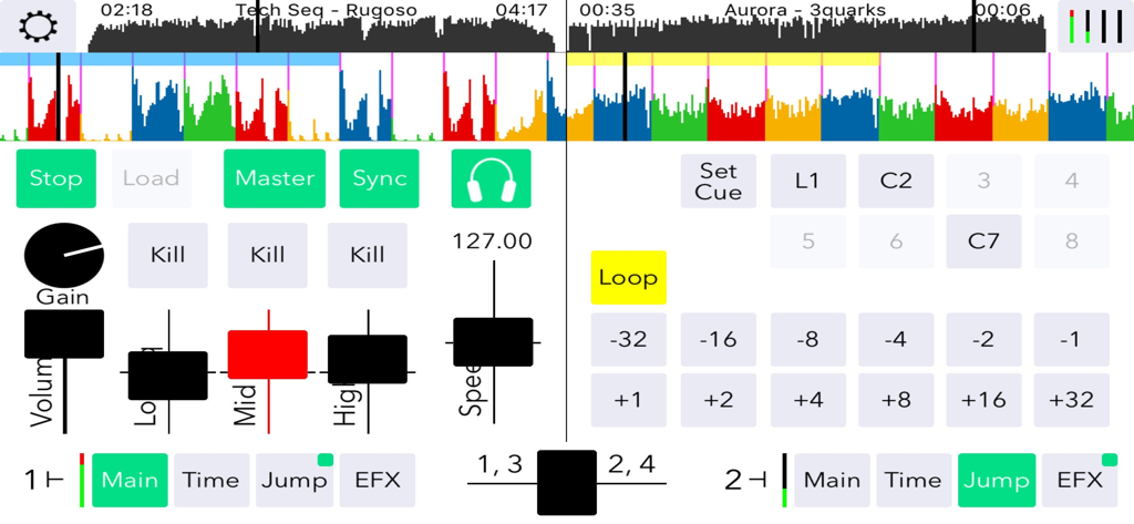 Professional DJ mixing interface showing dual deck controls with colored waveforms, EQ kills, and loop triggers