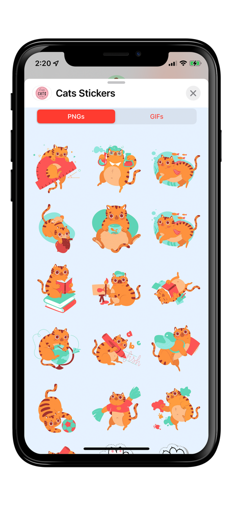 Cute Cats - GIFs & Stickers - Smartphone mostrando una variedad de pegatinas de gatos naranjas lindos