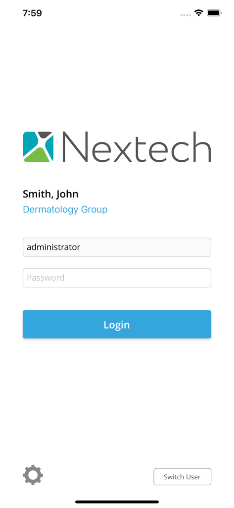 Nextech - Login screen for the Nextech mobile EHR application showing username and password fields.