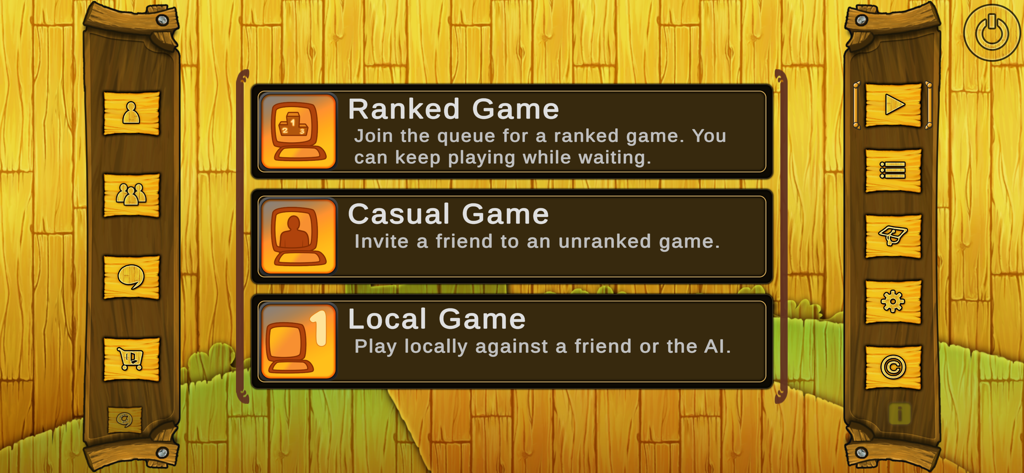 Bohnanza The Duel - Main menu of Bohnanza The Duel showing ranked casual and local game options on a wooden background