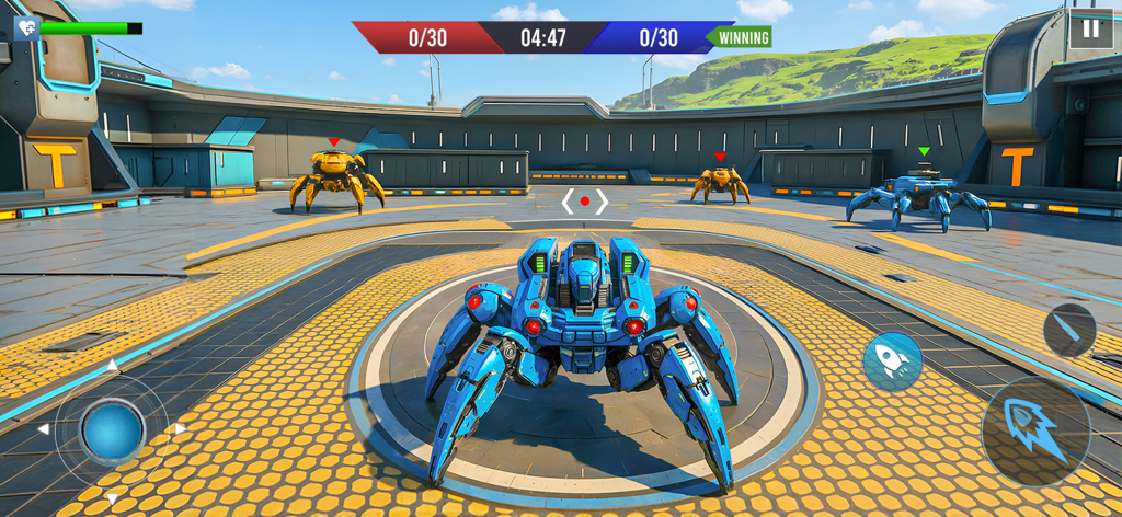 A blue multi-legged robot standing in a futuristic circular battle arena