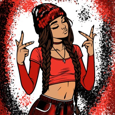 realistic teenage girl with braids and a beanie and crop top doing 🫶🏼