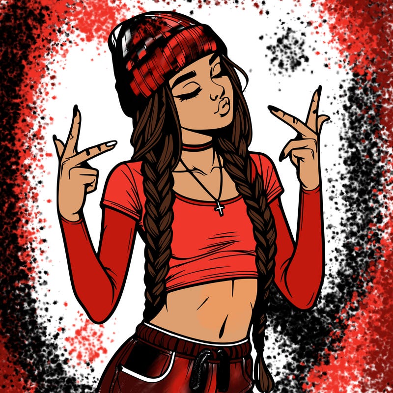 realistic teenage girl with braids and a beanie and crop top doing 🫶🏼