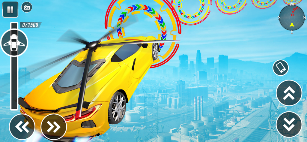 Flying Car: Robot Car Games - Un coche deportivo amarillo con un rotor de helicóptero volando a través de anillos de neón sobre una ciudad en un juego de simulación de coches robot.